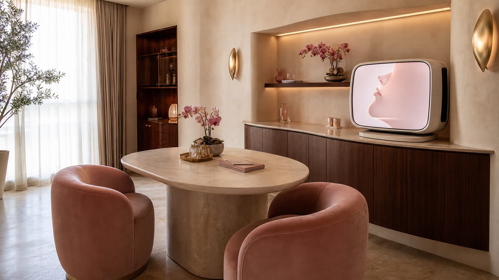 Maison Amara's fictional private consultation salon with digital skin analysis display