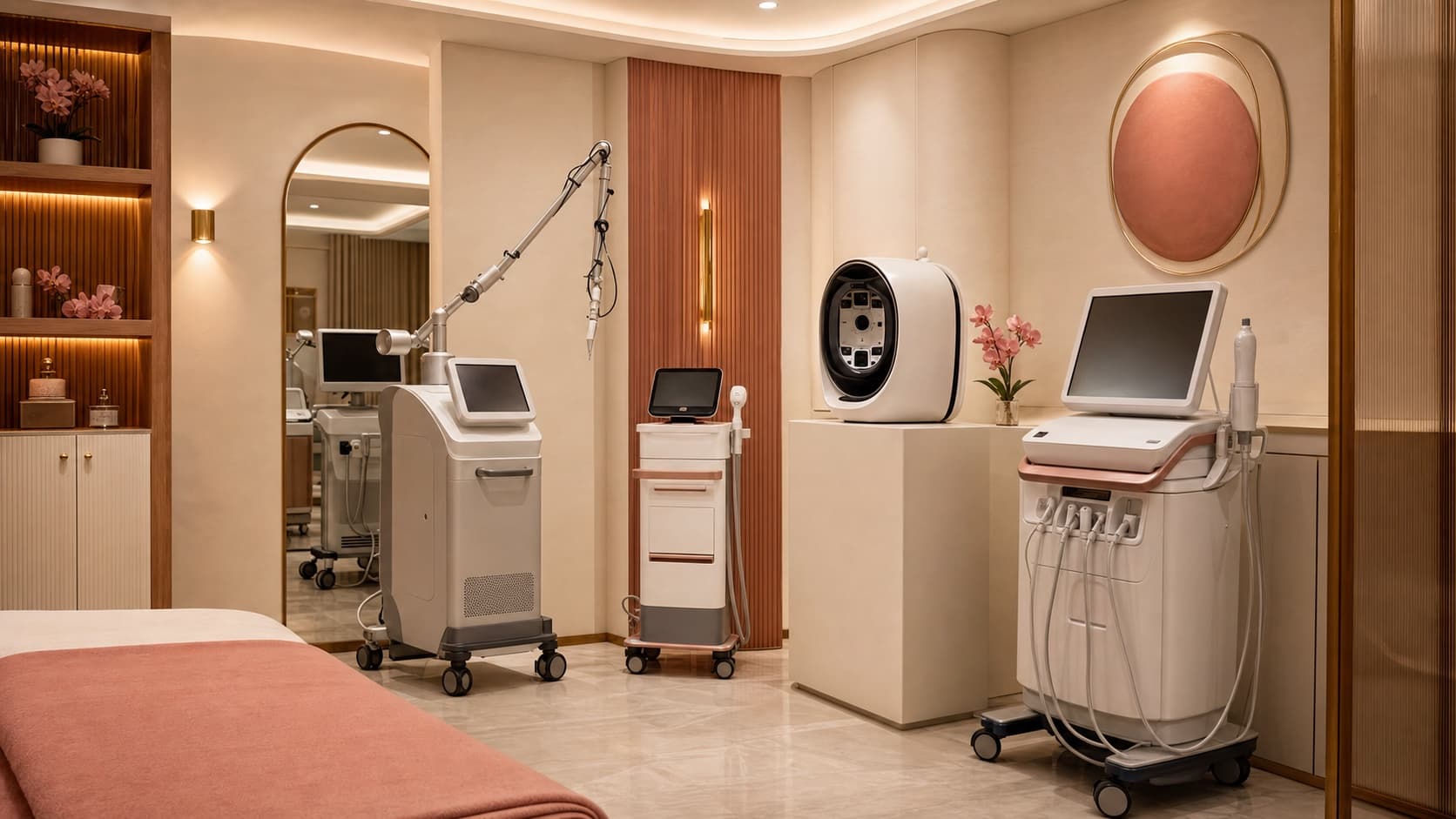 Maison Amara's fictional advanced aesthetics device suite in a warm blush interior