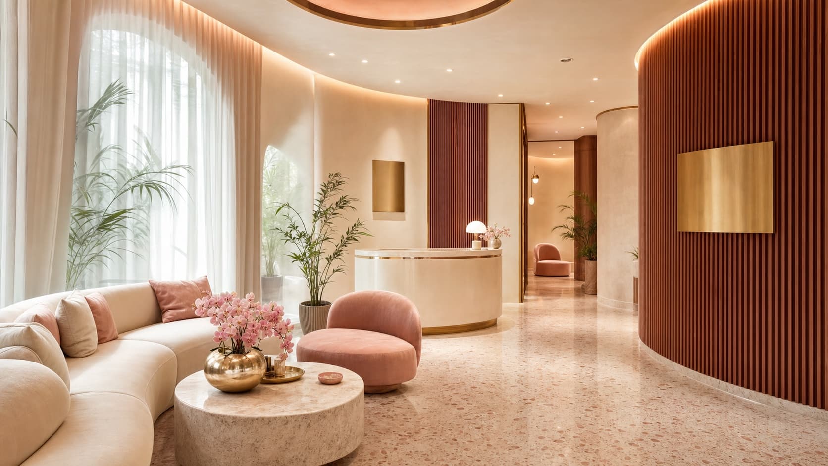 Maison Amara's fictional warm ivory and rosewood welcome lounge with curved sofas