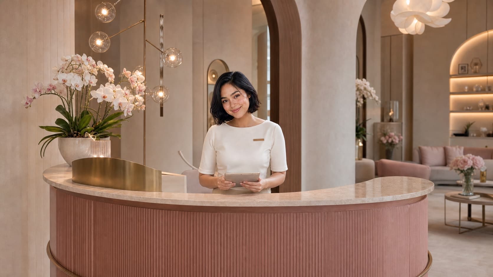 A guest concierge at the curved blush reception desk in the fictional Maison Amara clinic