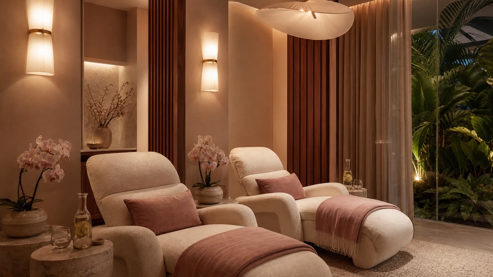 Maison Amara's fictional cozy recovery lounge with cream recliners and dusty-rose throws