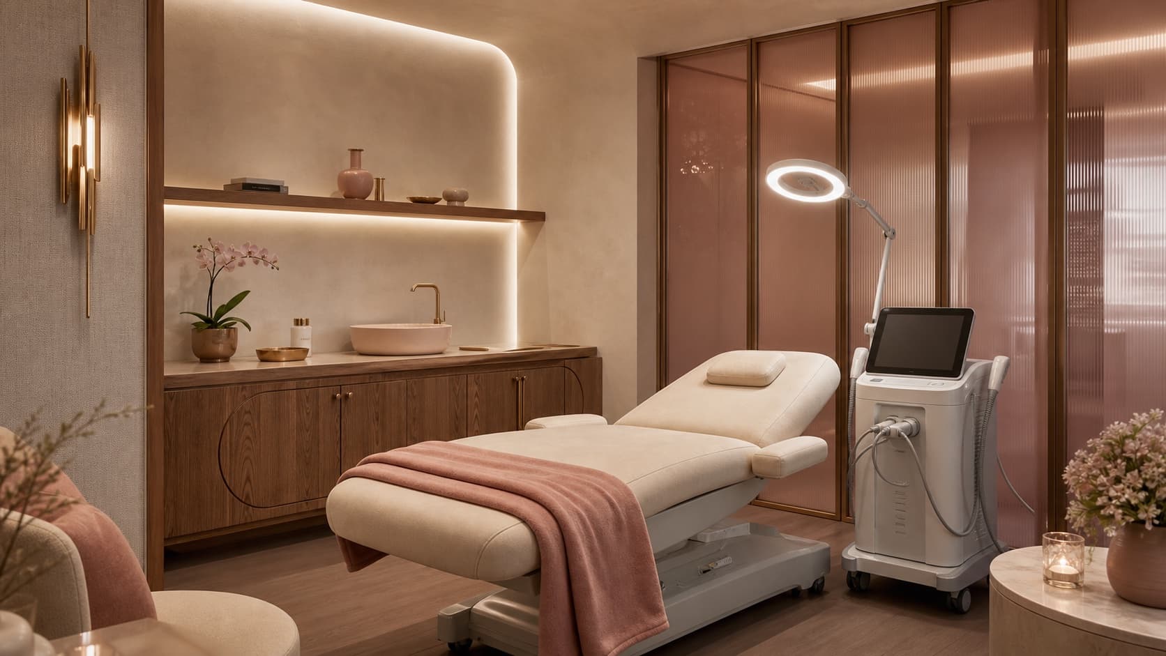 Maison Amara's fictional private treatment room with an ivory treatment bed and aesthetics device