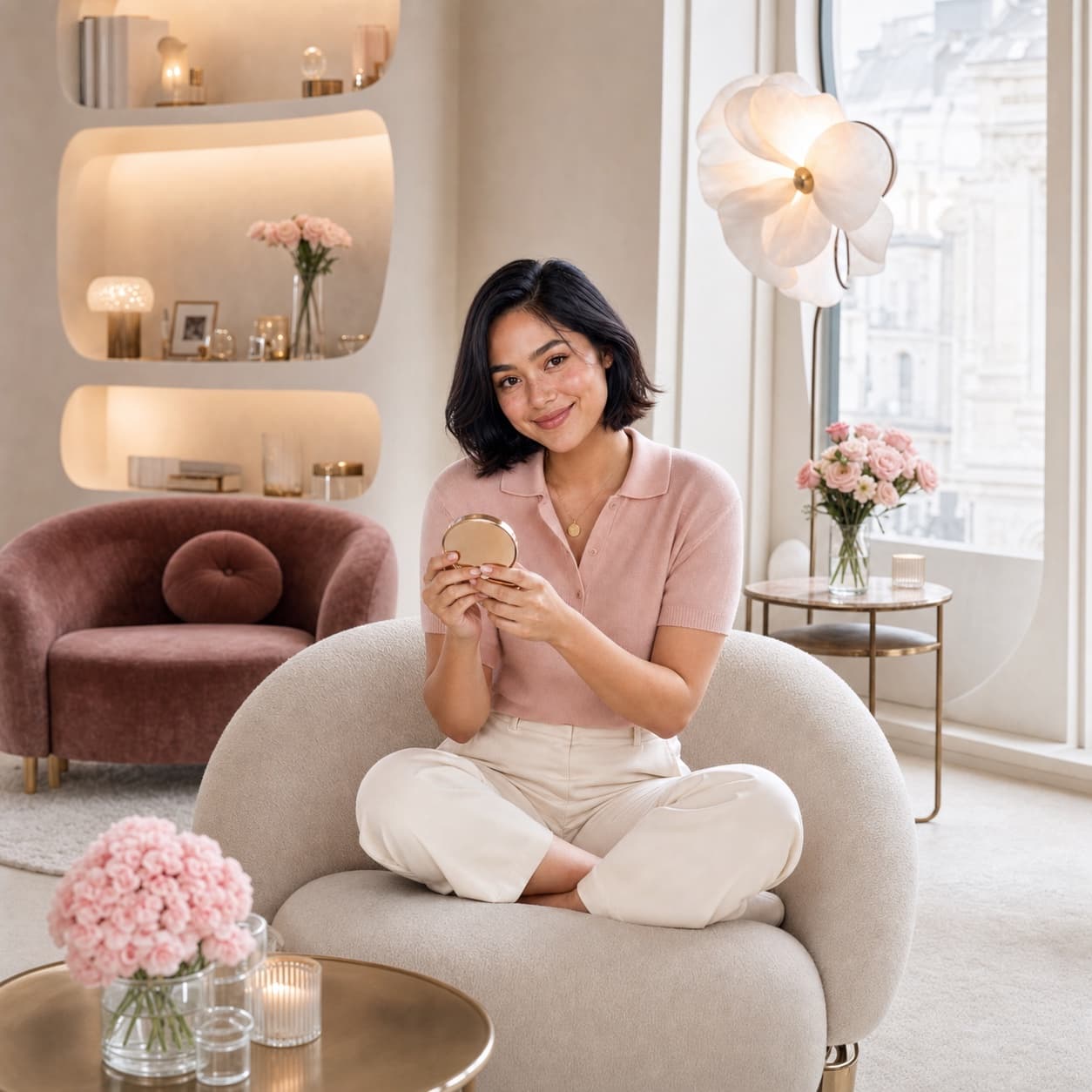 An editorial guest seated in the bright guest lounge